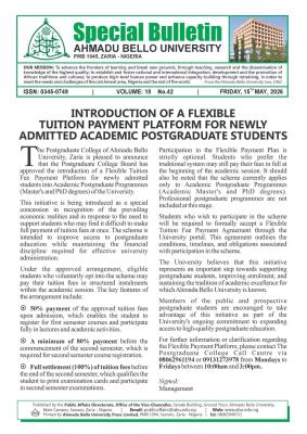 ABU Zaria Introduces Flexible tuition payment for new Postgraduate students
