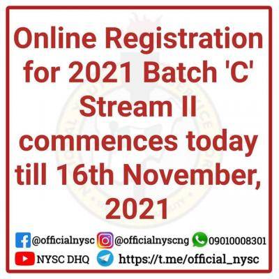 NYSC 2021 Batch C, stream II online registration deadline