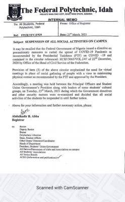 Fed Poly Idah notice on suspension of social activities