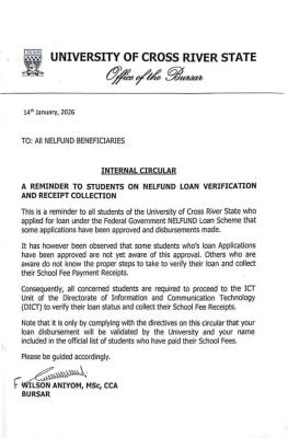 UNICROSS notice to students on NELFUND loan verification and Receipt collection