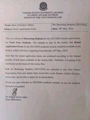 TSU notice to returning students on hostel application form, 2023/2024