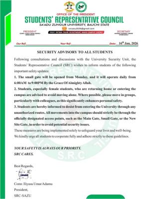 SAZU Students Council security advisory to students
