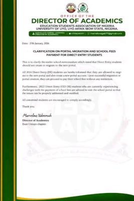 UNIUY Faculty of Education notice on portal Migration and fees payment for Direct Entry students
