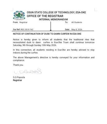 OSCOTECH notice on Continuation of DUSK to Dawn Curfew in Esa-Oke