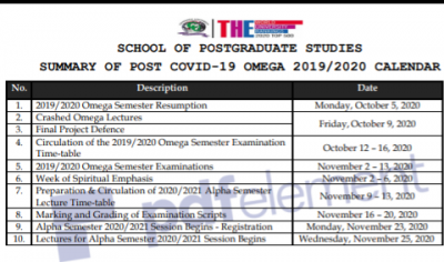 Covenant University postgraduate revised academic calendar 2019/2020