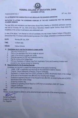 FCE Zaria NCE admission for 2024/2025 session