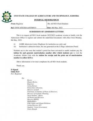 OYSCATECH notice on submission of admission letters