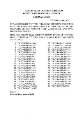 TSU notice on students with computer glitches during GST 301 exam