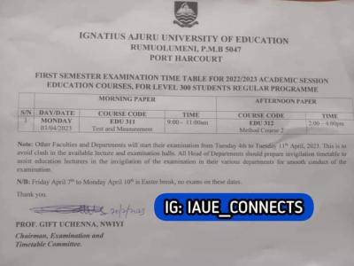 IAUE educational courses first semester exam timetable for 300l students,  2022/2023