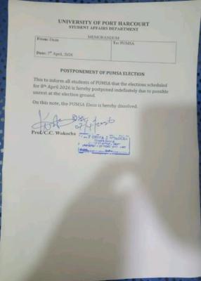 UNIPORT postpones Port Harcourt University Medical Students' Association election