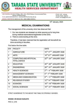 TASU notice to new students on medical examination schedule