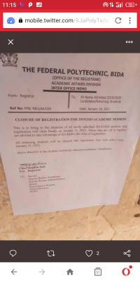 Fed Poly Bida notice on students' registration deadline for 2019/2020 session