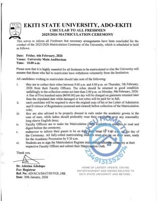 EKSU announces matriculation ceremony, 2025/2026
