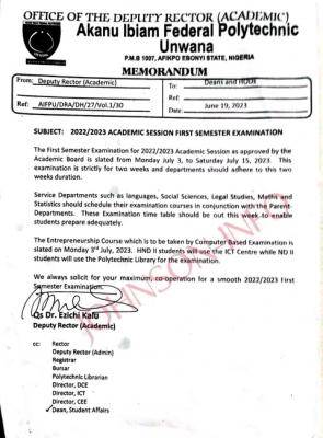 Akanu Ibiam Federal Polytechnic notice on commencement of first semester examination, 2022/2023 session