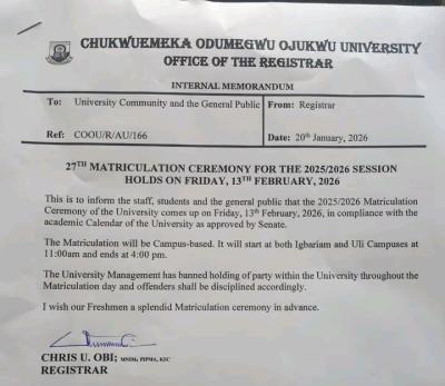 COOU schedule for 27th matriculation ceremony