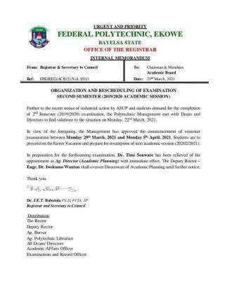 Fed Poly, Ekowe notice on commencement of 2nd semester exam, 2019/2020