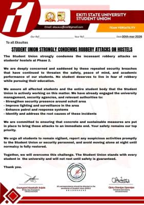 EKSU SUG notice regarding robbery attacks on hostels