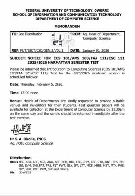 FUTO Dept. of Comp. Sci.  notice to students on first semester test, 2025/2026 session