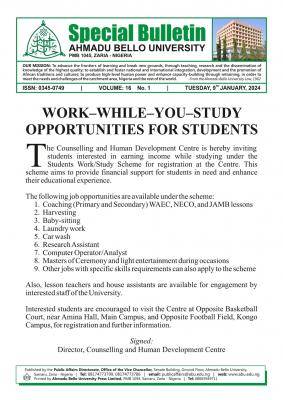ABU Zaria Work-Study opportunities for students