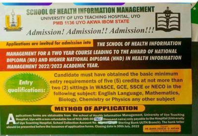 UNIUYO Teaching school of Hospital Health Information Management Form, 2022/2023
