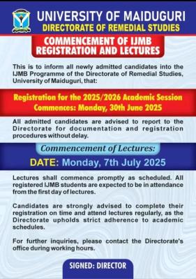 UNIMAID notice to newly admitted IJMB students on commencement of academic activities
