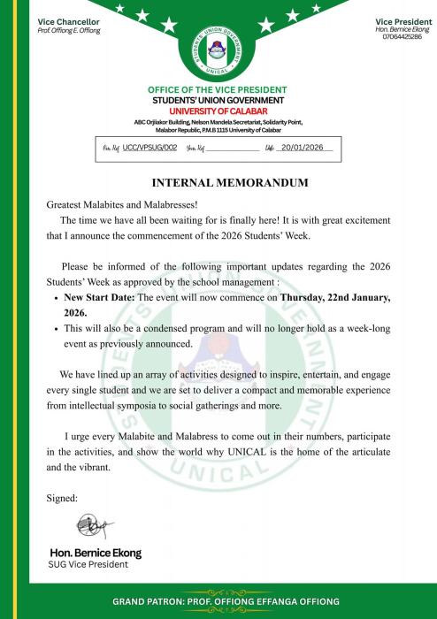 UNICAL SUG announces new date for commencement of Students' Week