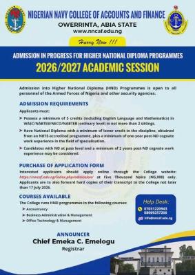 Nigerian Navy College of Account & Finance, Owerrinta HND Admission form, 2026/2027