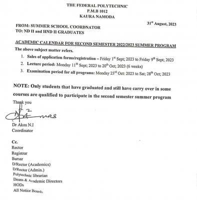 Fed Poly Kaura Namoda 2nd semester academic calendar for summer program, 2022/2023