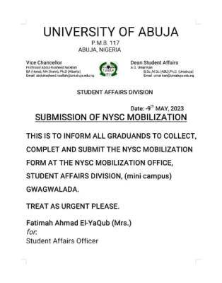 UNIABUJA notice to graduands on submission of NYSC Mobilization form
