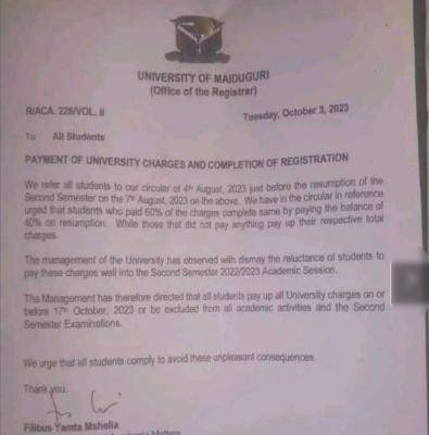 UNIMAID notice on payment of charges and completion of registration
