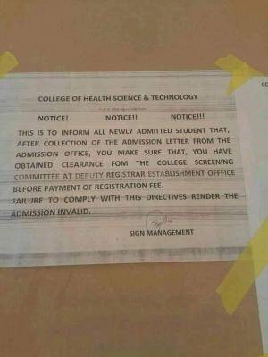 College of Health Sciences and Technology, Nguru, Yobe notice to newly admitted Students