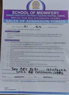 UDUTH School of Midwifery admission form, 2021/2022