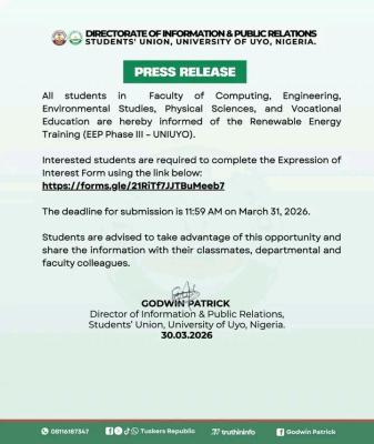 UNIUYO SUG notice on Renewable Energy Training Opportunity (EEP Phase III)