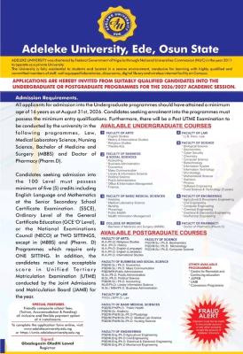 Adeleke University Postgraduate Admission form, 2026/2027