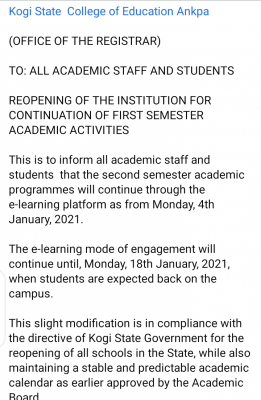 Kogi State  College of Education Ankpa notice on resumption