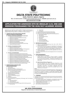Delta Poly Otefe-oghara Post-UTME 2026: cut-off mark, eligibility and registration details