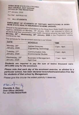 AKWAPOLY notice to students o enrolment to the Akwa Ibom State Health Insurance Scheme (AKSHIS)