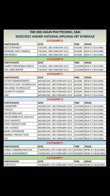 The Oke-Ogun Polytechnic HND CBT Examinations schedule, 2020/2021