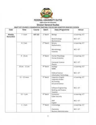 FUDutse 2nd Semester GST examination Timetable 2020/2021 Session