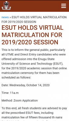 ESUT announces virtual matriculation ceremony for 2019/2020 session