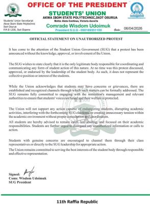 Akwa Poly SUG official statement on unauthorized protest