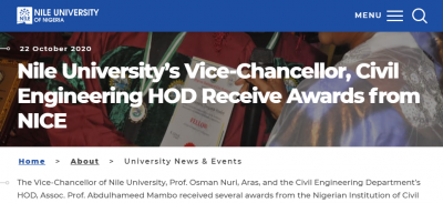 Nile university’s Vice-Chancellor and HOD civil engineering receives award from NICE