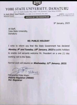 YSU notice on public holiday