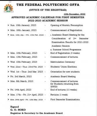 Fed Poly Offa approved academic calendar for first semester 2022/2023 academic session