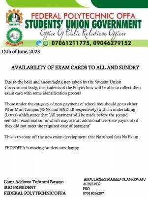 Federal Poly, Offa SUG notice to students on collection of exam cards