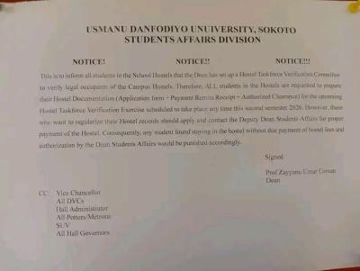 UDUS issues notice to students on hostel verification exercise