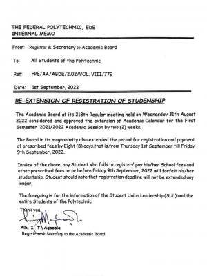 Federal Poly Ede notice to students on extension of registration deadline