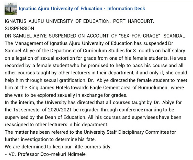 IAUE suspends lecturer suspended over s*x-for-grade scandal