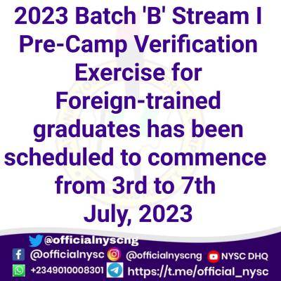 NYSC notice of physical verification of credentials of foreign graduates of 2023 batch B stream I