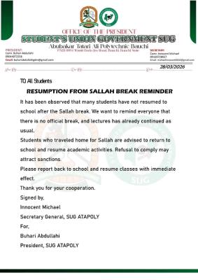 ATAP urges students to resume as Sallah Break has ended